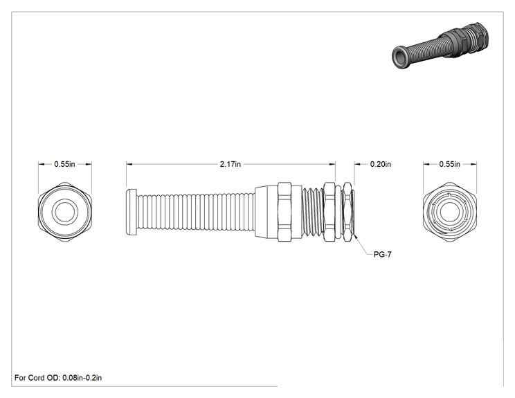 Teknik Çizim - Pirinç Dalgıç Kablo Tutucu, Flex, PG Dişleri, 0.08"-0.2" Kablo Dış Çapı için, PG-7 Delik Açma