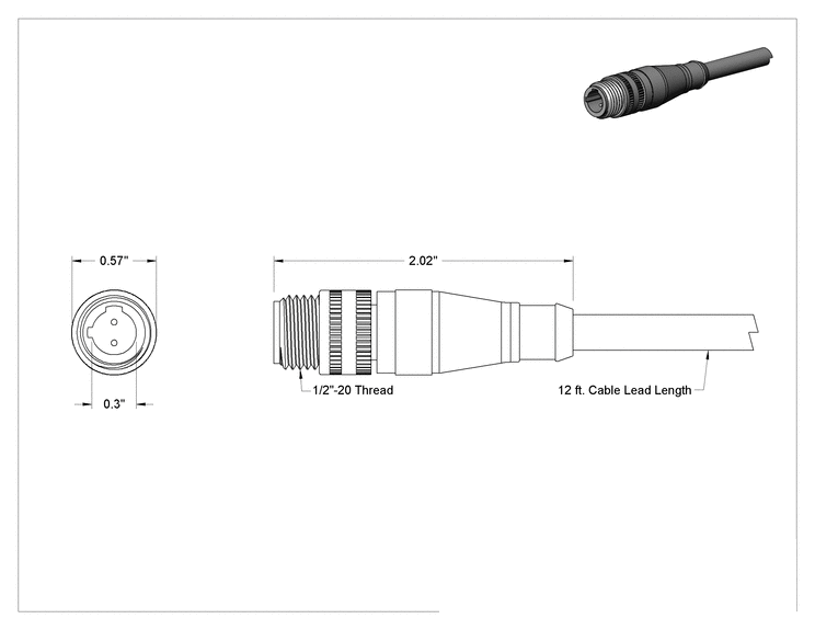 Teknik Çizim - Mikro M12 Sinyal/Güç Konektörü, Düz Fiş, 2 Kutup, 2 Kama Kanalı, 12 Fit Kablo