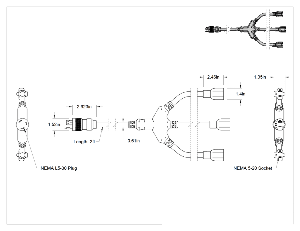 Teknik Çizim - Elektrik Kablosu Adaptörü, 3 Çıkışlı, NEMA L5-30 Fiş x NEMA 5-20 Priz, 2 ft Uzunluk