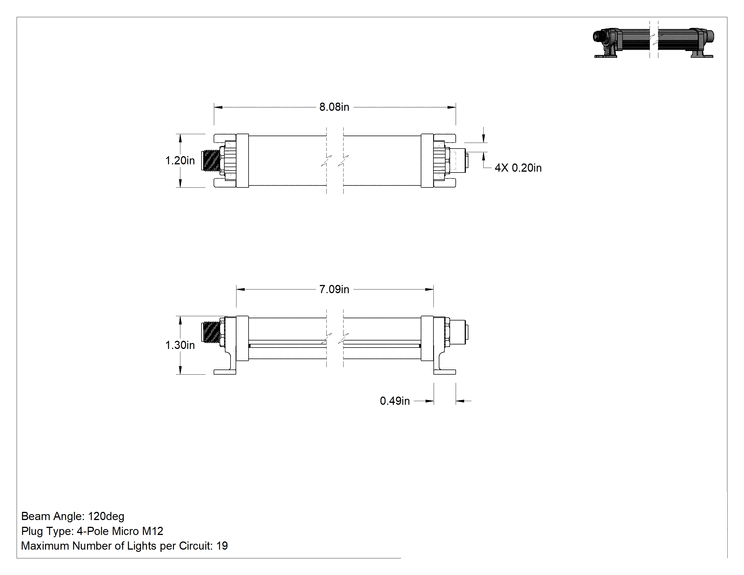 Teknik Çizim - Kuru Ortam Şerit Makinesi Işığı, 24V DC, Kademeli, 7-1/8" Uzunluk x 1-1/4" Toplam Yükseklik