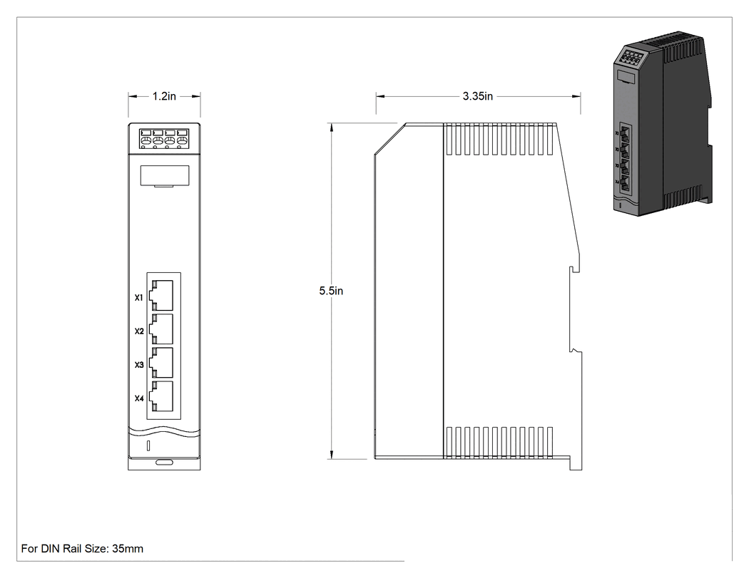 Teknik Çizim - DIN Ray Montajlı Ethernet Anahtarı, 4 RJ45 Ports, 10-32V DC