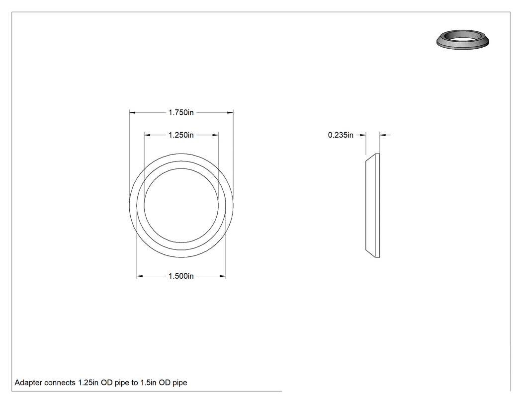 Teknik Çizim - Kayma Eklemli Lavabo Tahliye Bağlantı Parçası Pul, Plastik Adaptör Pul, 1-1/4" x 1-1/2" Boru Dış Çapı için