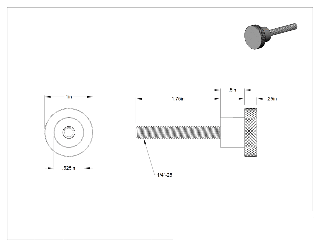 Teknik Çizim - Pirinç Topuz, 1/4"-28 dişli 1-3/4" uzunluğunda saplamalı, 1" Baş Çapı