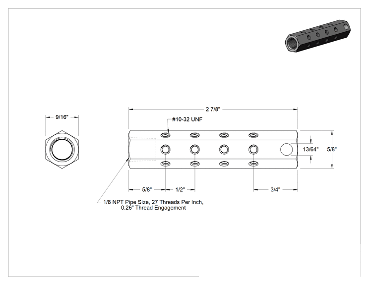 Teknik Çizim - Mini Altıgen Manifold, 1/8 NPT X10-32 UN/UNF (SAE)