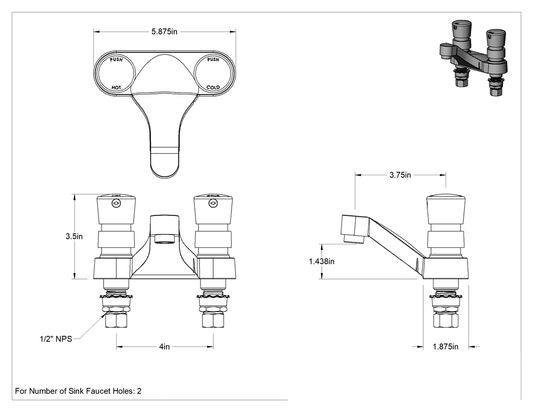 Teknik Çizim - Gecikmeli Otomatik Kapanma Lavabo Musluğu, İki adet 1/2 NPS Alt Girişli ve 3-3/4" Uzunlukta Musluklu