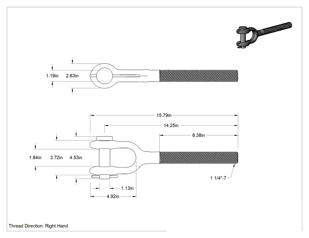 Teknik Çizim - Gerdirme Cıvataları için Çatal Ucu, 8-3/8" Sağ Dişli Uzunluk