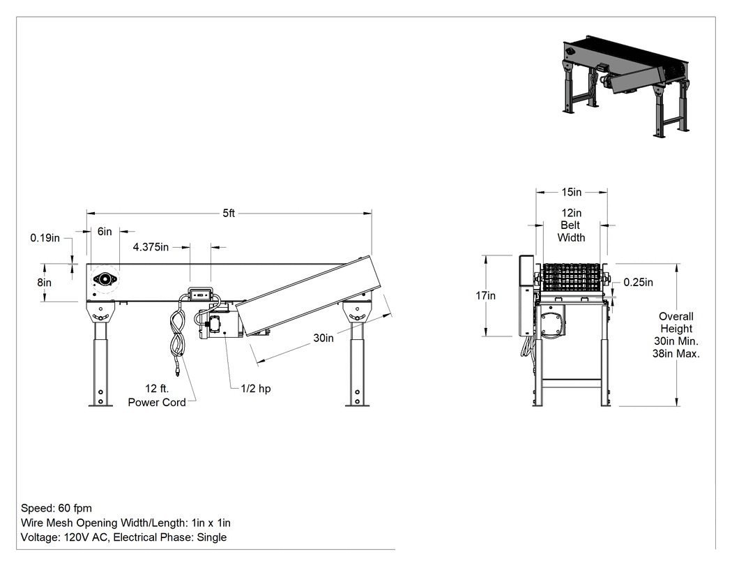 Teknik Çizim - Çelik Hasır Bantlı Konveyör, 12" Kayış Genişliği, 15" Çerçeve Genişliği, 5 Fit Uzunluk
