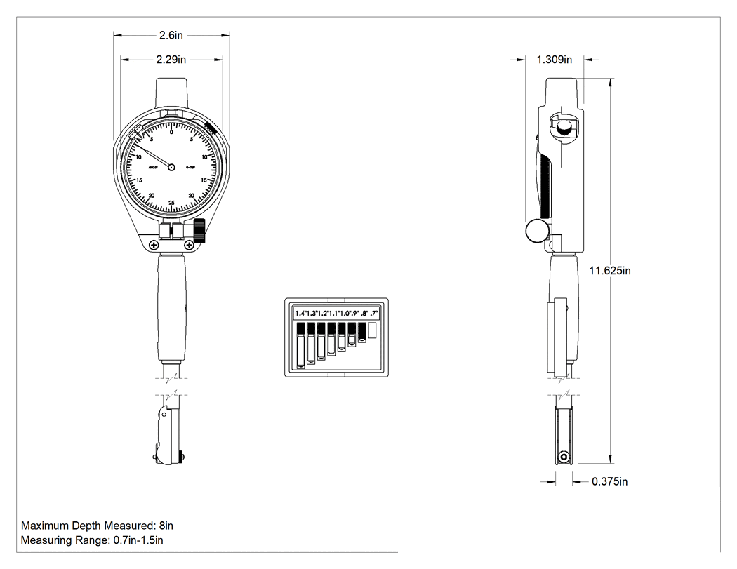 Teknik Çizim - Ekonomik Kadranlı İç Çap Komparatörü, 0.7" ila 1.5" Ölçüm Aralığı