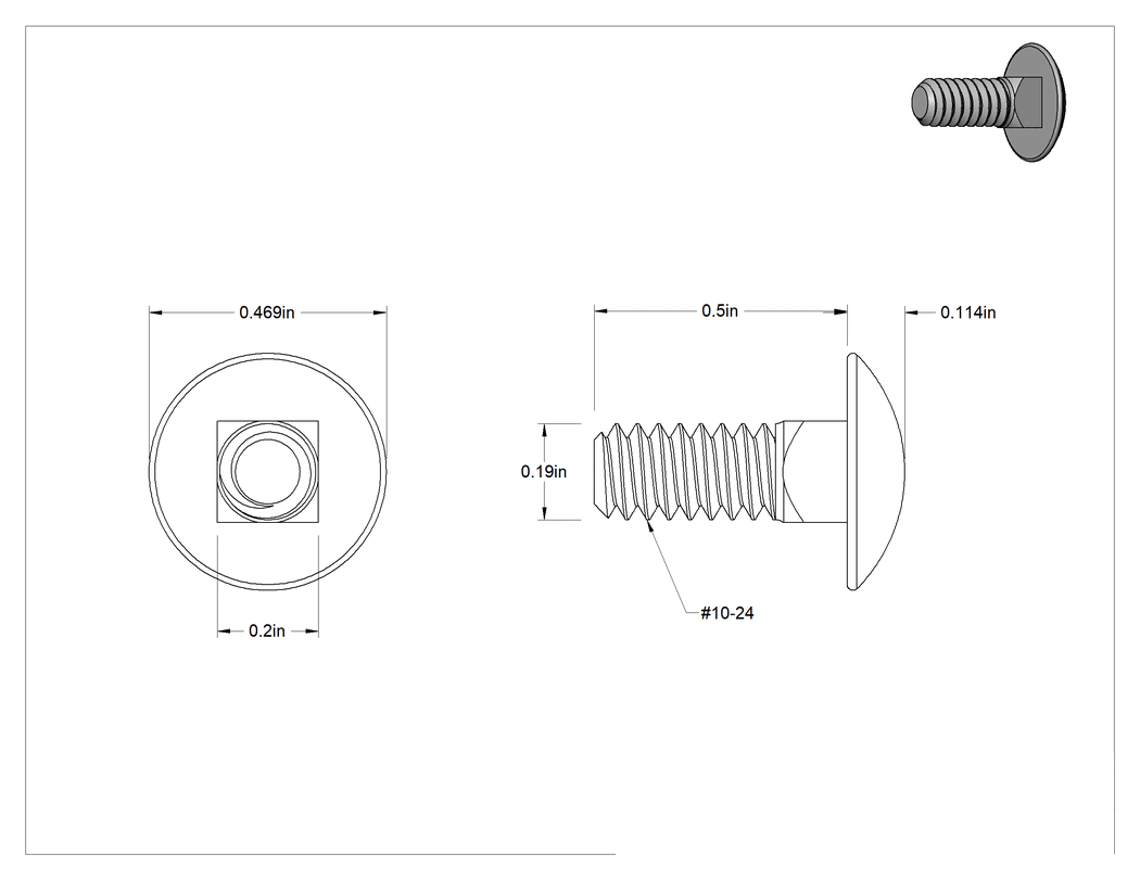 Teknik Çizim - 316 Paslanmaz Çelik Kare Boyunlu Taşıma Cıvatası, Süper Paslanma ve Aşınmaya Dayanıklı, 10-24 Diş Boyutu, 1/2" Uzunluk