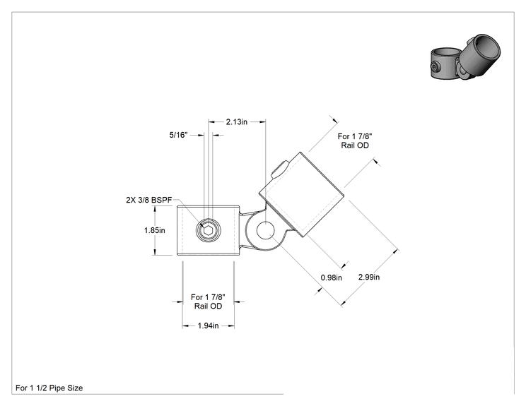 Teknik Çizim - Galvanizli Demir Kayar Ray Bağlantı Parçası, 1-7/8" Ray Dış Çapı için Delikli Ayarlanabilir Açılı Y Bağlantısı