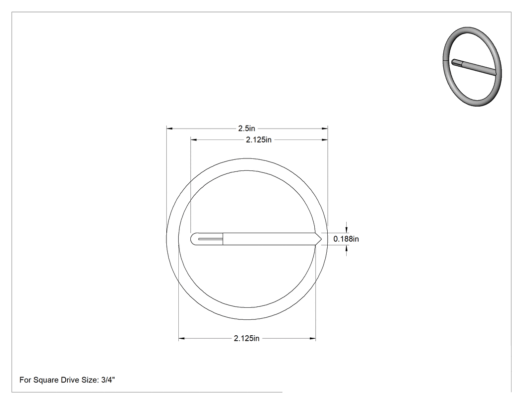 Teknik Çizim - 2-1/8" İç Çaplı 1 Parçalı Segman, 3/4" Kare Tahrik için