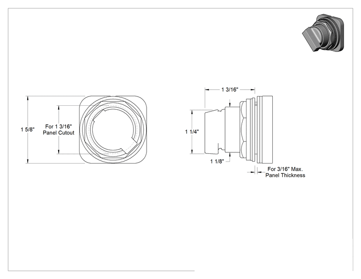 Teknik Çizim - 30 mm Panele Monte Metal Aktüatör, 1-1/4" Uzunlukta Kol, 2 Konum