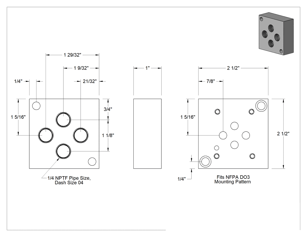 Teknik Çizim - D03 NFPA Vana Montaj Bloğu, 1 İstasyon, NPTF
