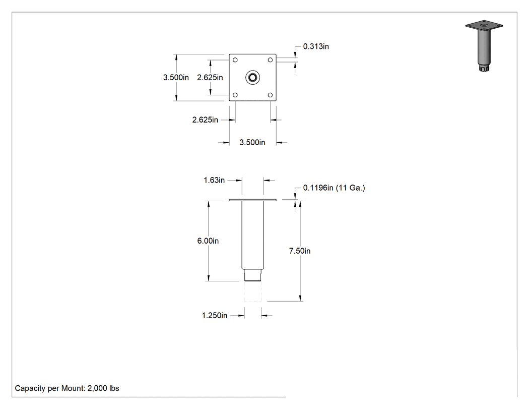 Teknik Çizim - Gıda ve İçecek Sert Seviyeleme Montaj Parçası, 3-1/2" Genişlikte Braketli, Paslanmaz Çelik Kalkan, 6" ila 7-1/2" Toplam Yükseklik