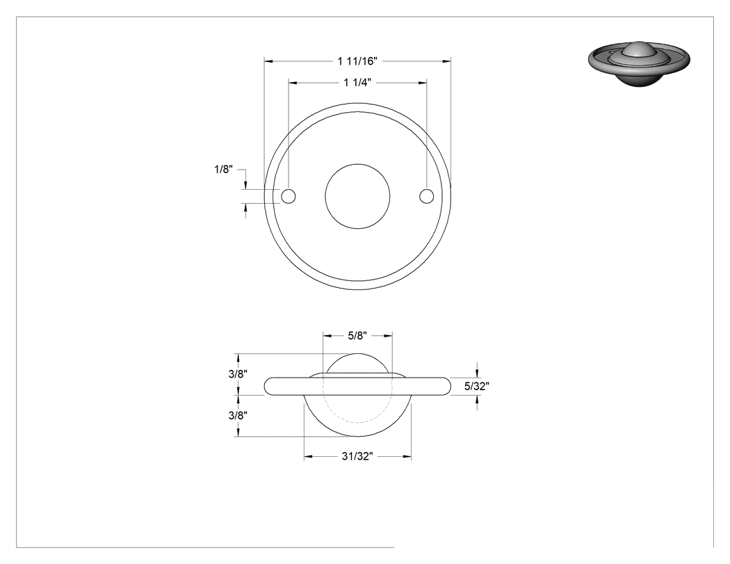 Teknik Çizim - Gömme Flanş Montajlı Bilyalı Transfer, Çelik Muhafaza, 5/8" Çaplı Çelik Bilye, 40 lb. Kapasite