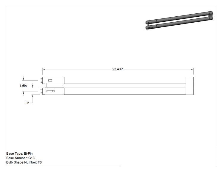Teknik Çizim - U Şeklinde Tüp Ampul, T8, LED, 32 W Eşdeğer Floresan, 2200 lümen