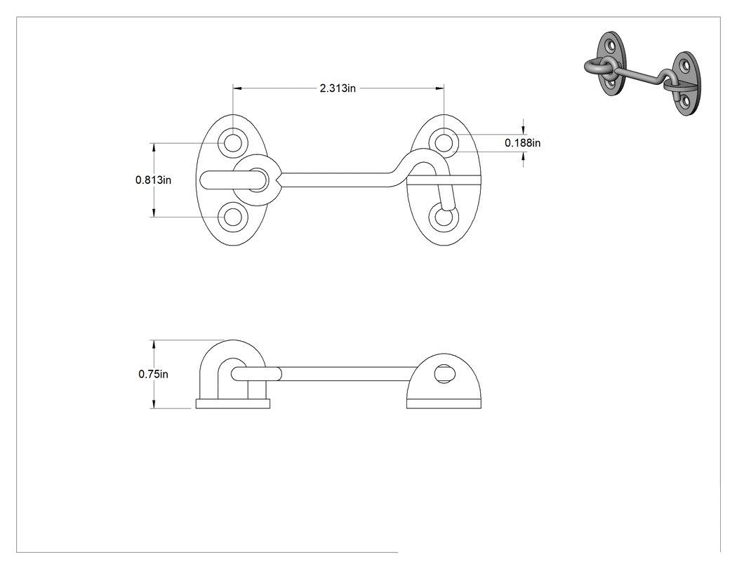 Teknik Çizim - 2.5" Kol Uzunluğuna Sahip Krom Pirinç Salıncaklı Kanca Mandalı