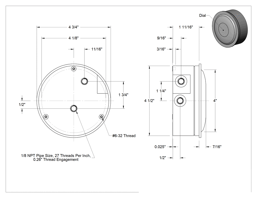 Teknik Çizim - 1/8 NPT Dişi Bağlantılı Diferansiyel Ölçer, Düşük Basınç, Sertifika ve Kadran Göstergeli, 0-1 in. H2O