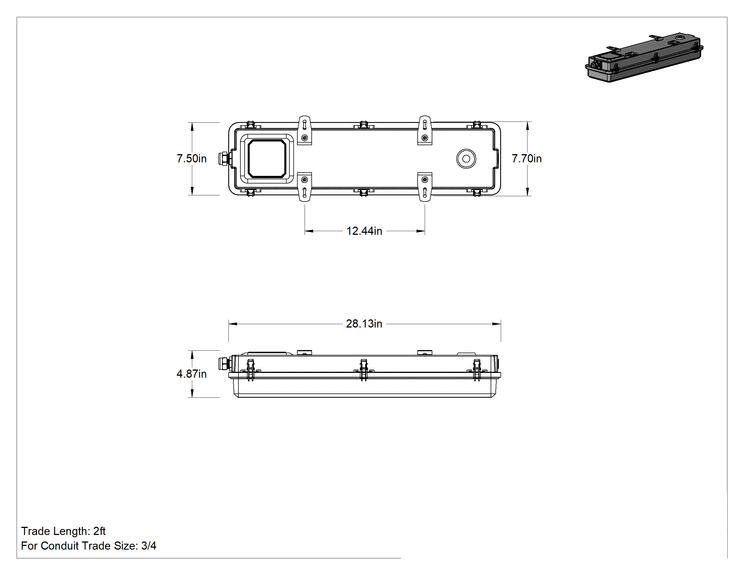 Teknik Çizim - Dahili LED'li Yıkanabilir Tavan Işığı, ABD'de Üretilmiştir, 28-1/8" Uzunluk x 7-3/4" Genişlik x 4-7/8" Toplam Yükseklik