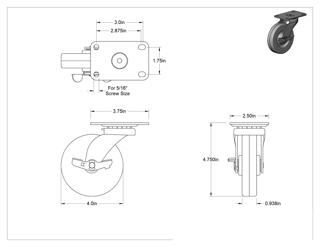 Teknik Çizim - Statik Kontrol Plakalı Tekerlek, Frenli Döner Tekerlek ve 4" Çap x 15/16" Genişlikte Siyah Katı Kauçuk Tekerlek