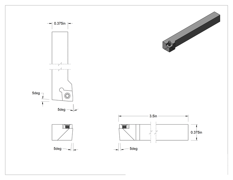 Teknik Çizim - Döner Karbür Uç Tutucu, SCLC, Sağ Yönlü, 1/4" İç Çap için, 3/8" Şaft Genişliği