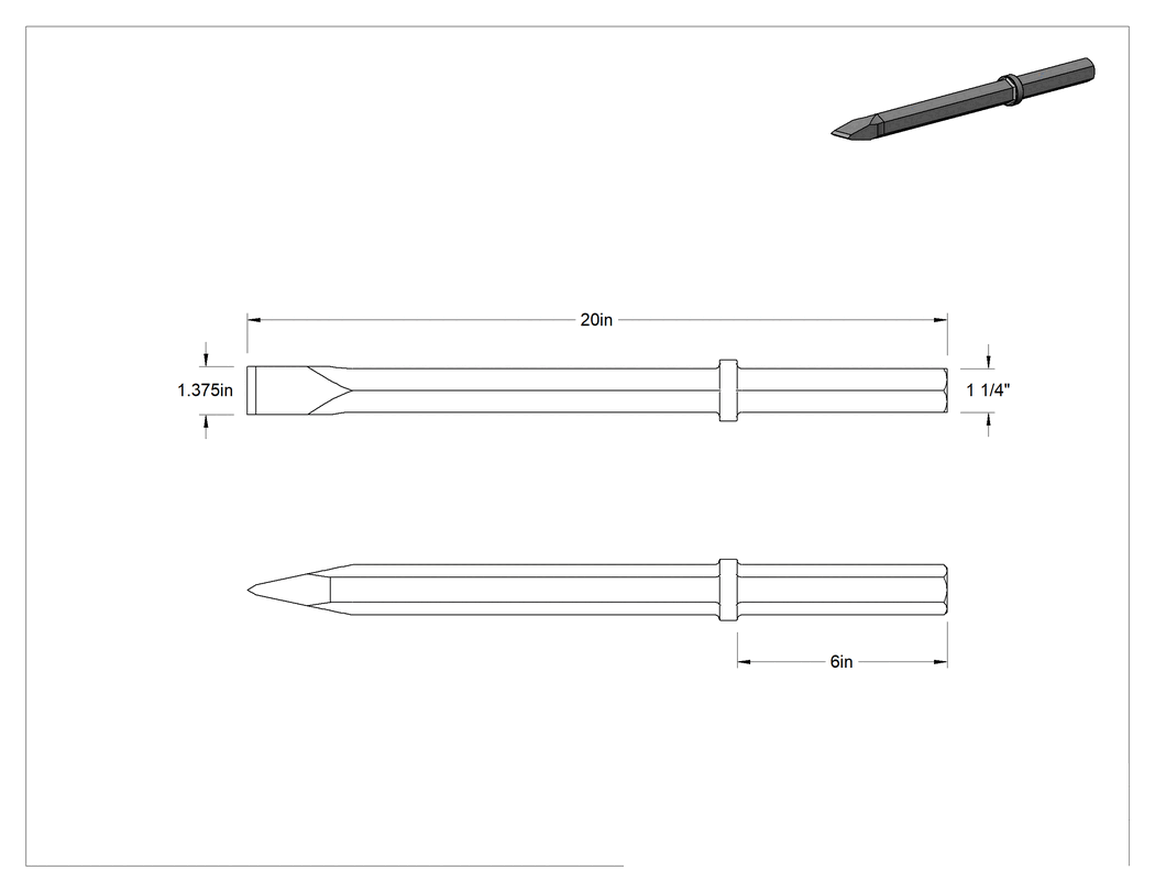Teknik Çizim - Kaldırım Kırıcı Çekiçler için Keski Ucu, 1-1/4" Altıgen Şaft, 1-3/8" Genişlik Düz Bıçak, 20 inç Toplam Uzunluk