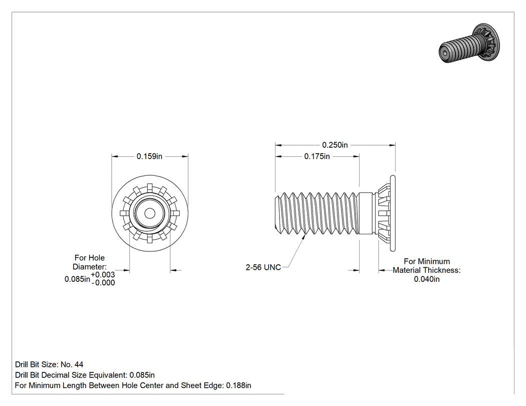 Teknik Çizim - Pres Geçmeli Saplamalar, Çinko Kaplı Çelik, 2-56 Diş, PEM® Fh-256-4