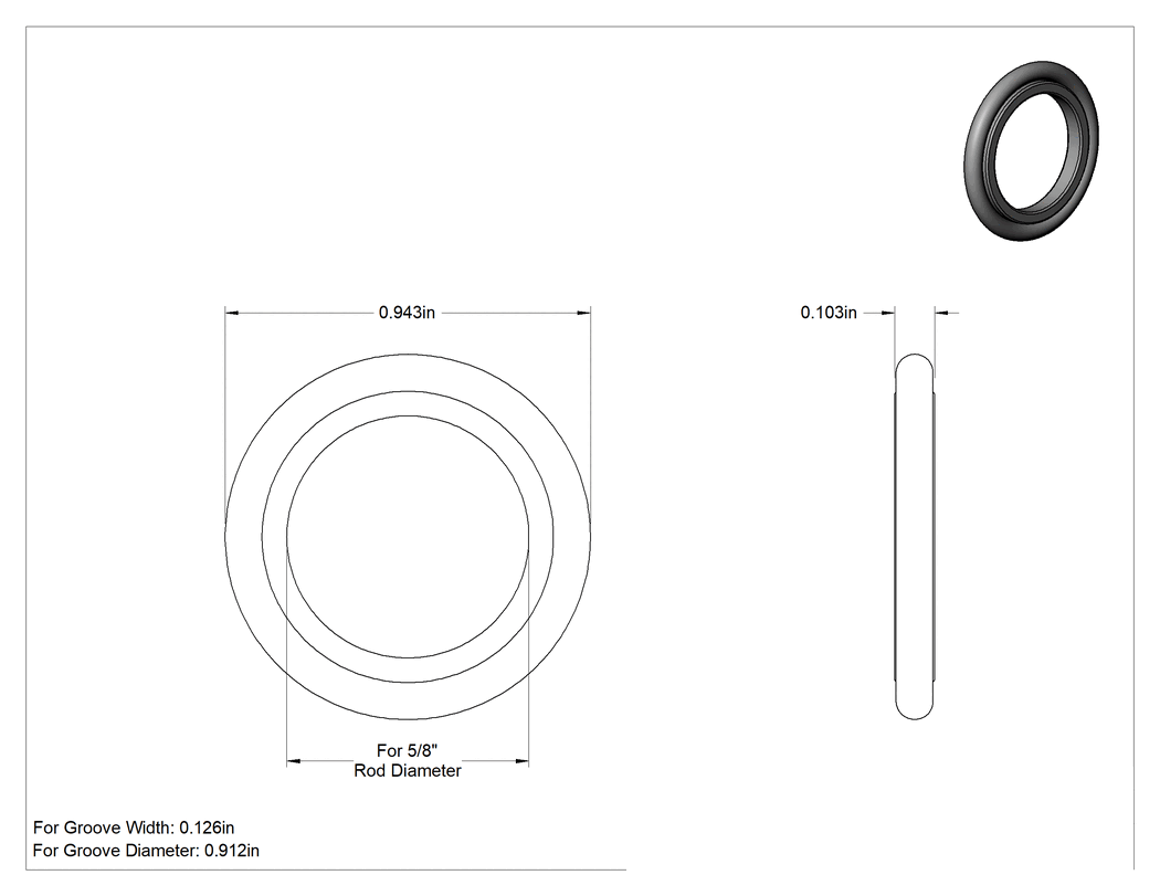 Teknik Çizim - Yüksek Hızlı Hidrolik Silindir Tampon Contası, 5/8" Çubuk Çapı için, 0.625" İç Çap x 0.943" Dış Çap x 0.103" Genişlik