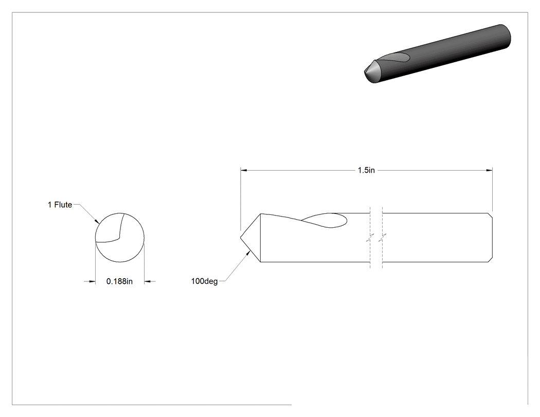 Teknik Çizim - TiN Kaplamalı Kobalt Çelik Havşa, Perçinler için, 100 Derece, 1 Yiv, 3/16" Gövde