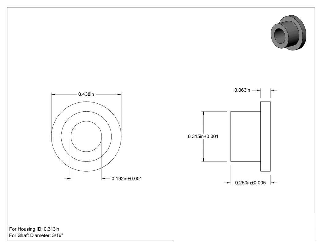 Teknik Çizim - Gıda ve İçecek Sektörü için Kuru Çalışan Burçlu Yatak, Flanş, Rulon, 3/16" Mil ve 5/16" Yuva İç Çapı için, 1/4" Uzunluk