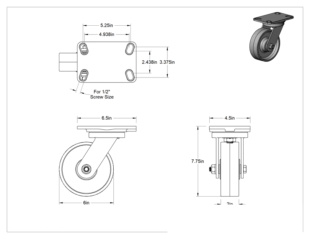 Teknik Çizim - 6-1/2" x 4-1/2" Plakalı Yüksek Kapasiteli Kingston Tekerlek, 6" Çaplı Metal Tekerlekli Döner Tekerlek