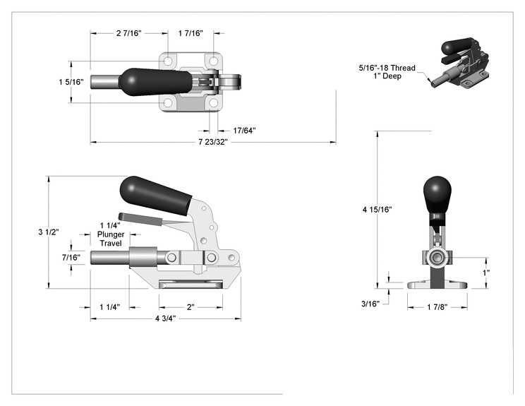 Teknik Çizim - Kilitleme Kolu ile Mandal Kelepçe, 600 lbs. Tutma Kapasitesi, 5/16"-18 Piston Diş Boyutu