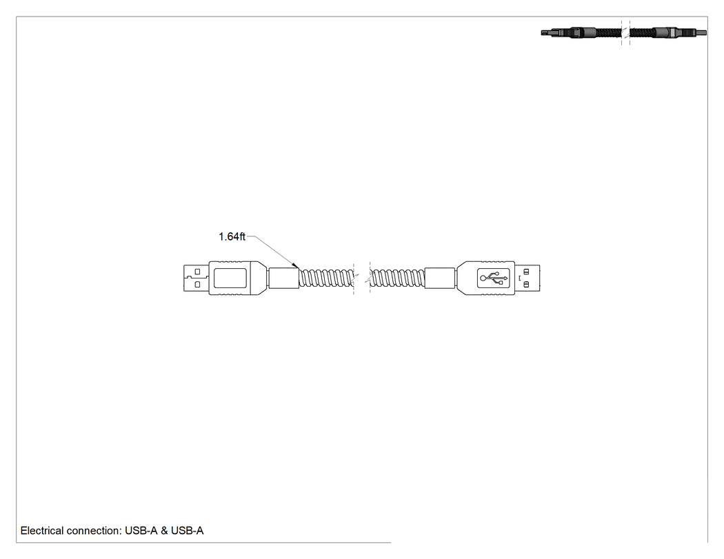 Teknik Çizim - Ezilmeye Dayanıklı USB Kablosu, Paslanmaz Çelik Yalıtımlı USB-A x USB-A Fiş, 1 Fit Uzunluğunda