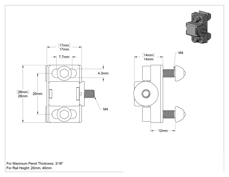 Teknik Çizim - T-Yivli Çerçeve, 20 mm Yüksekliğinde Ray için Manyetik Ray-Panel Mandalı