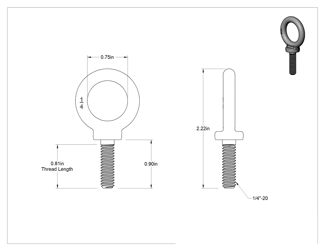 Teknik Çizim - Omuzlu Çelik Halka Cıvata - Kaldırma için, 1/4"-20 Diş Boyutu, 1" Diş Uzunluğu
