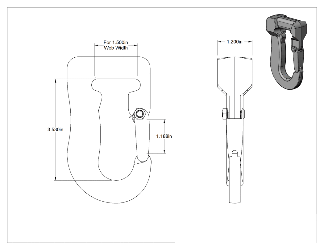 Teknik Çizim - Kaldırma için Ağ Askı Kancası, Açık Göz, 1-1/2" dokuma genişliği için