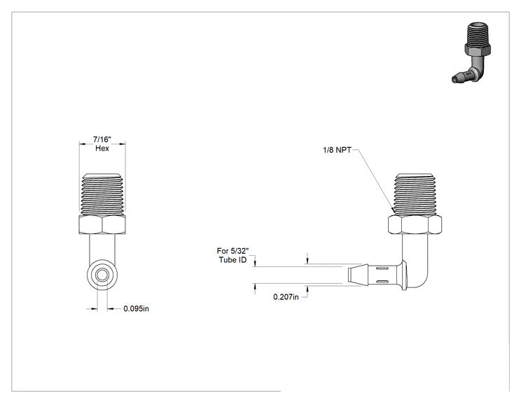 Teknik Çizim - Gıda ve İçecek için Süper Akışlı Tırnaklı Bağlantı Elemanı, 5/32" İç Çap x 1/8 NPT Erkek için Plastik Dirsek