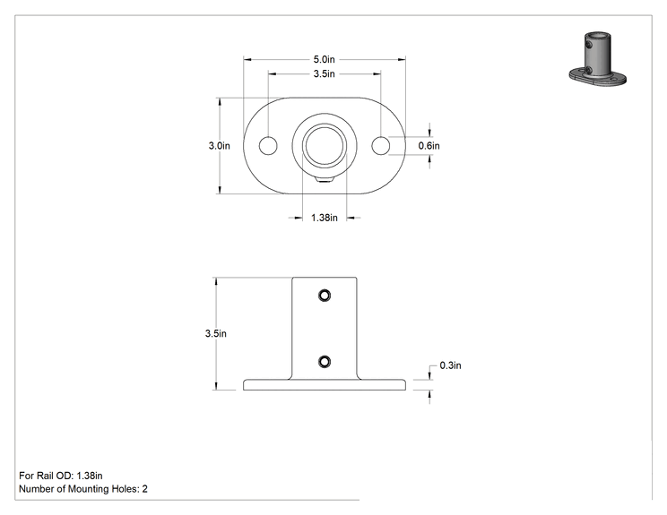 Teknik Çizim - Galvanizli Demir Kayar Ray Bağlantı Parçası, 1-3/8" Ray Dış Çapı için Oval Ray Ucu