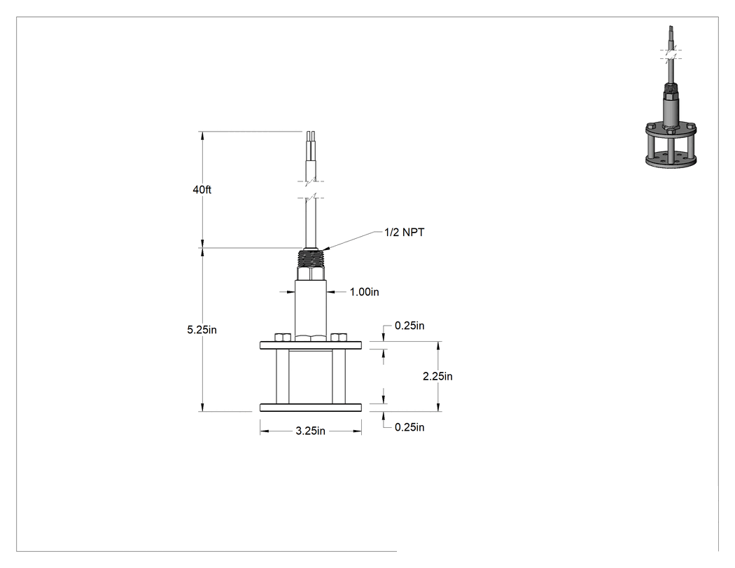 Teknik Çizim - Dalgıç Sıvı Seviyesi Vericisi, Katı maddeler içeren sıvılar için, 0 ila 11.5 fit H2O