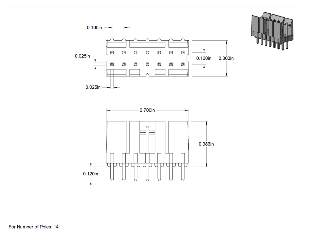 Teknik Çizim - 14 Kutuplu Başlıklar, Amphenol Devre Kartı Konektörleri için 2 Sıra x 7 Sütun