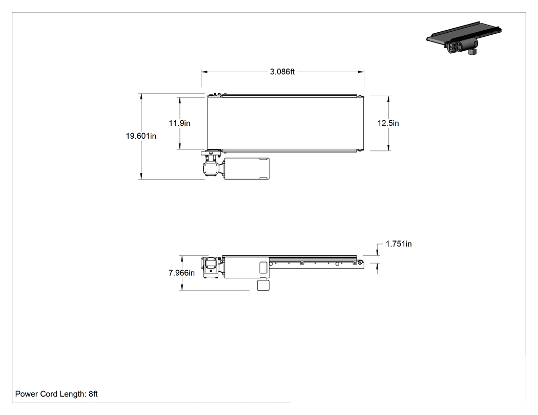 Teknik Çizim - Yüksek Kapasiteli Kullanıma Hazır Mini Kayışlı Konveyör, 3 Fit Uzunluk, 12" Kayış Genişliği, 10-20 fpm