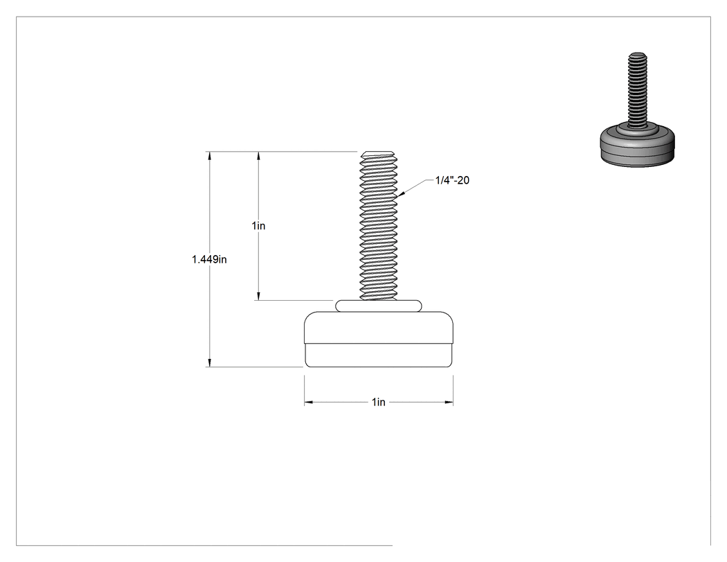 Teknik Çizim - Dişli Saplama ve Yastıklı Sert Seviyelendirme Montajı, Nikel Kaplı Çelik, 1/4"-20 Diş Boyutu, 1" Diş Uzunluğu