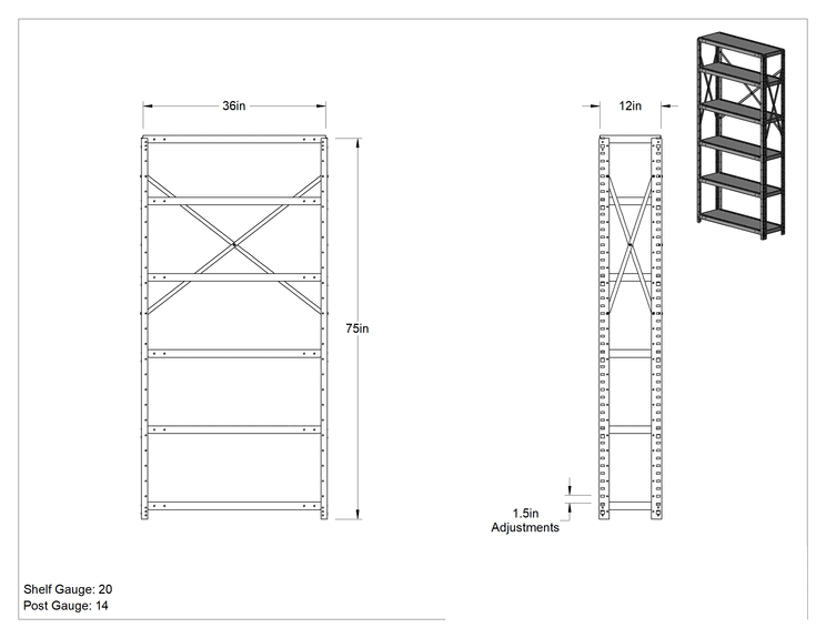 Teknik Çizim - Standart Hizmet Raf, 6 Raflı Açık, 36" Genişlik x 75" Yükseklik x 12" Derinlik