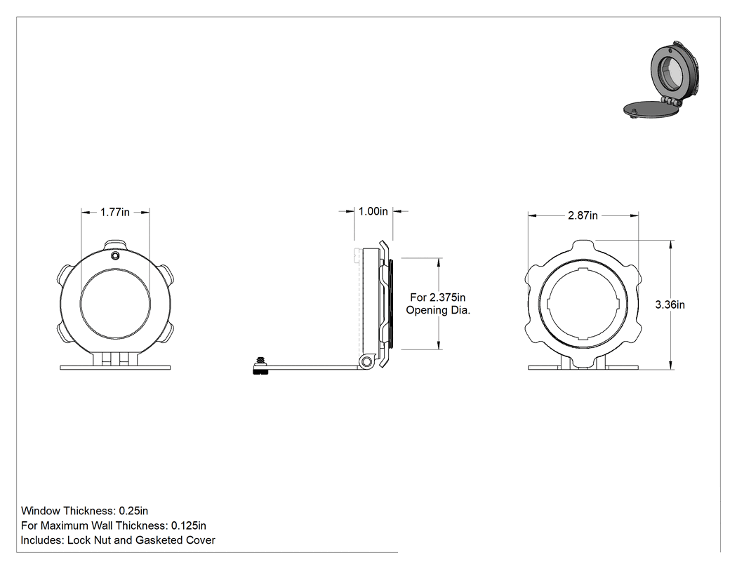 Teknik Çizim - Muhafazalar için Termal İnceleme Penceresi, Alüminyum Çerçeveli, 3-3/8" Yükseklik x 2-7/8" Toplam Genişlik