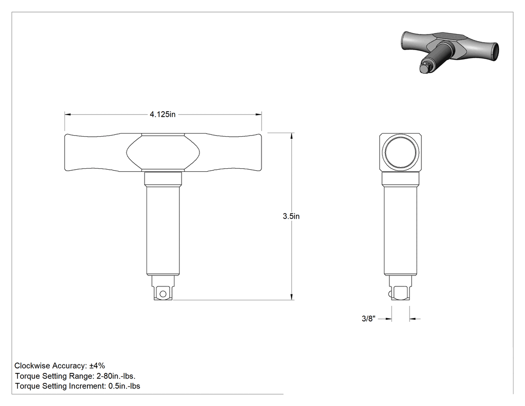 Teknik Çizim - T-Kolu Kayma Serbest Bırakmalı Fabrika Ayarlı Anahtar, Tork (inç-pound), Cırcırlı, 3/8" Kare Tahrik, 3.5" Uzunluk