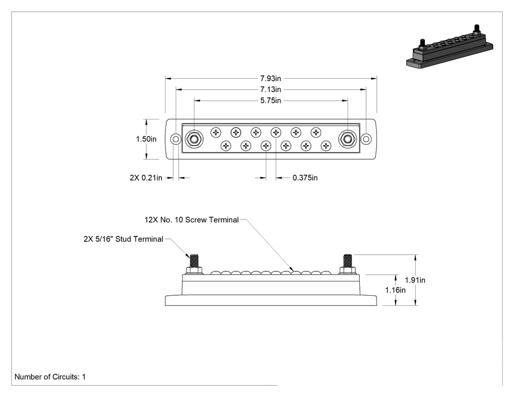 Teknik Çizim - Zorlu Ortam Yüksek Akım Dağıtım Çubuğu, 2 Saplama ve 12 Vidalı Terminallı, 250A @ 300V AC ve 48V DC