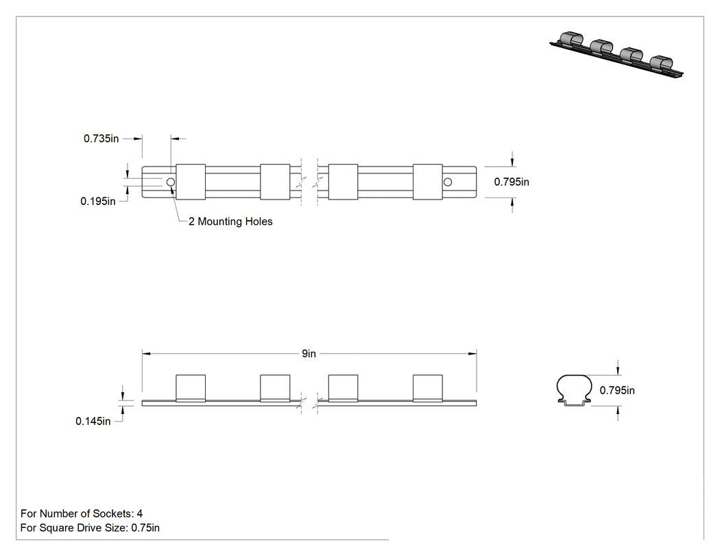 Teknik Çizim - Klipsli Ray Soket Düzenleyici, Dört adet 3/4" Kare Tırnaklı Lokma Anahtar için