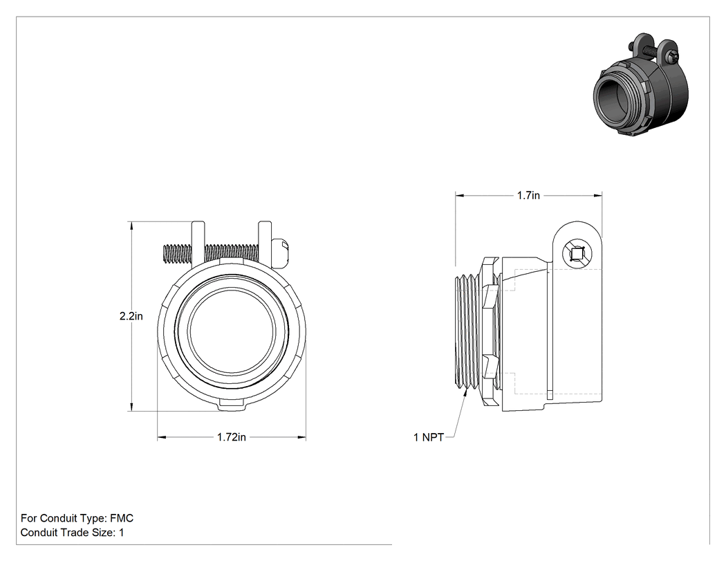 Teknik Çizim - Esnek Metal Kanal için Demir Adaptör, Düz, 1 Standart Boyut Dişi x 1 NPT Erkek