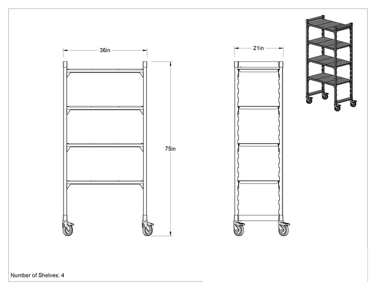 Teknik Çizim - Plastik Raf, 4 Raflı Mobil Ünite, 75" Yükseklik x 36" Genişlik x 21" Derinlik