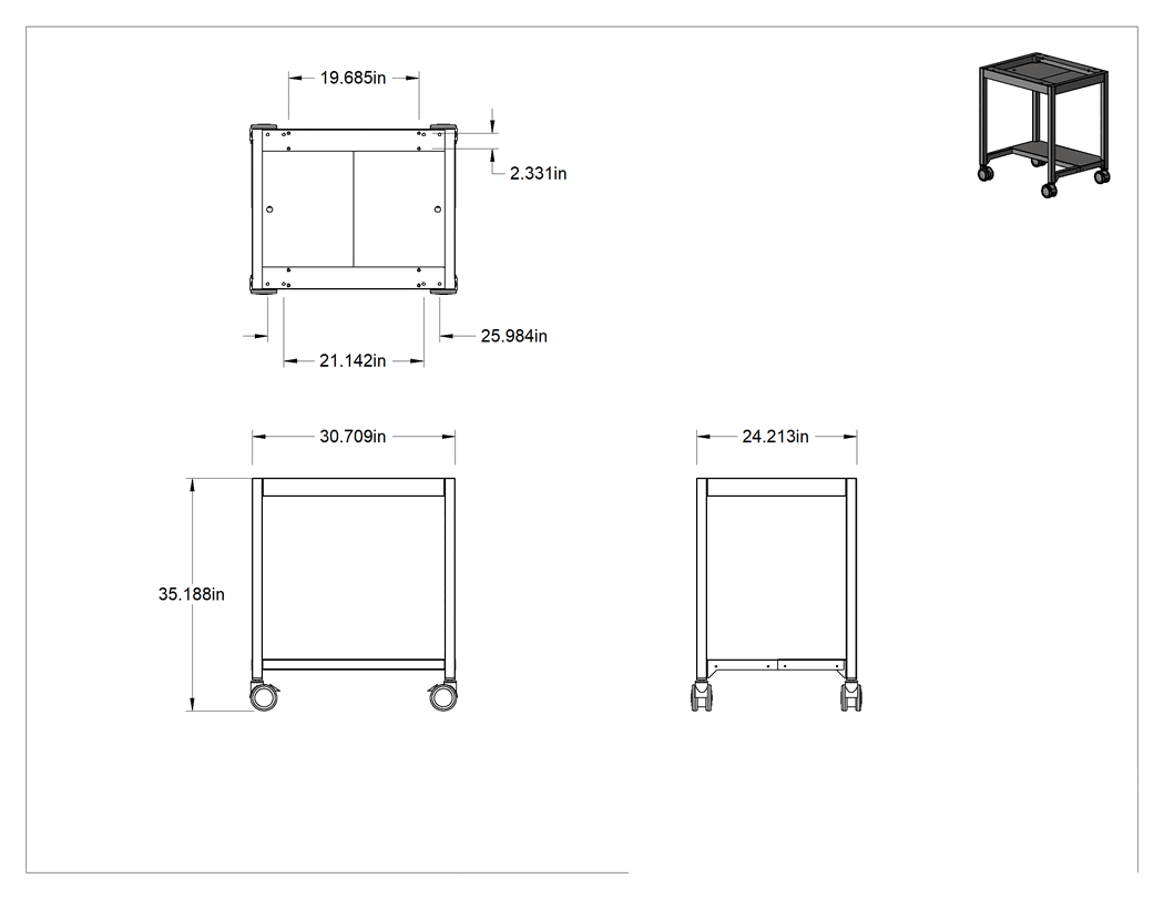 Teknik Çizim - Tezgah Üstü Hava Temizleyici Davlumbazı için Tezgah ve Arabası, Mobil, 35-1/4" Yükseklik x 30-3/4" Genişlik x 24-1/4" Derinlik